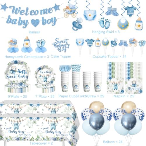 213Pcs Cocomigo Blue Baby Boy Shower Decorations Tableware Set, Serves 25 - Image 2