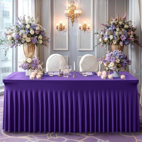 Wish Care 6 Pack Dark Purple Spandex Table Clothes for 8 Foot Rectangle Tables, 8FT Wrinkle Free Fitted Tablecloths Ruffles Design Table Cover for Party, Banquet, Wedding and Events - Image 4