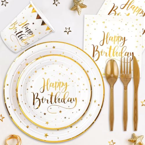 White and Gold Happy Birthday Party Plates, 168PCS Birthday Party Supplies - Image 5