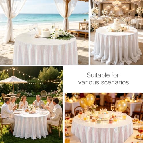 Pufogu 120" Round Iridescent Sequin Tablecloth Glitter White Table Cloths for Birthday Wedding Bridal Baby Shower Party Decorations - Image 2