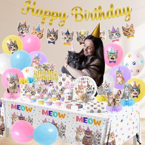 Cat Birthday Decorations,190pcs Cat Party Decorations cat Birthday Plates and Napkins Cups Tablecloth Cake Topper Hanging Swirls Centerpiece Balloon for Ca t Party Supplies - Image 3