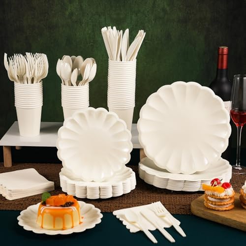 Newtay 350 Pcs Ivory Scalloped Paper Plates and Napkins Party Supplies - Image 4
