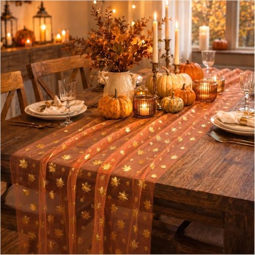 4Pcs Thanksgiving Table Runner Maple Acorns Gauze Fall Table Runner - Image 6