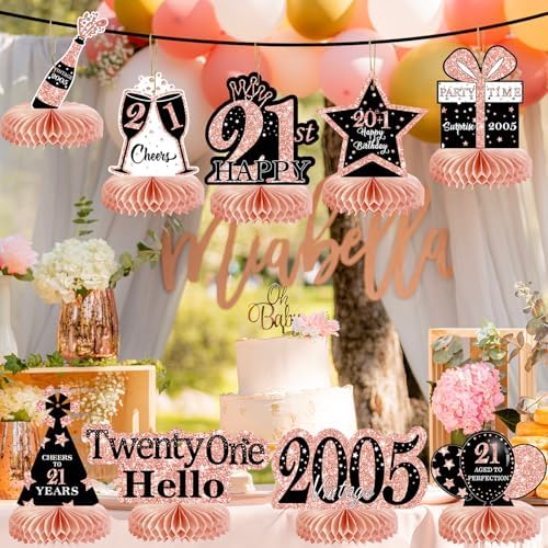 9Pcs Rose Gold Pink 21st Birthday Decorations Honeycomb Centerpieces for Girls,Happy 21st Birthday Centerpieces Tables Toppers Party Decorations Supplies,Vintage 2005 Aged Table Sign Decor - Image 5