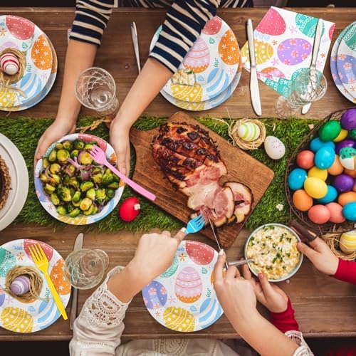 96 Pieces Easter Day Tableware Set Party Supplies - Colorful Eggs Pattern Disposable Dinnerware with Paper Plates, Napkins, Forks for Spring Celebrations Picnic Favors - Image 5