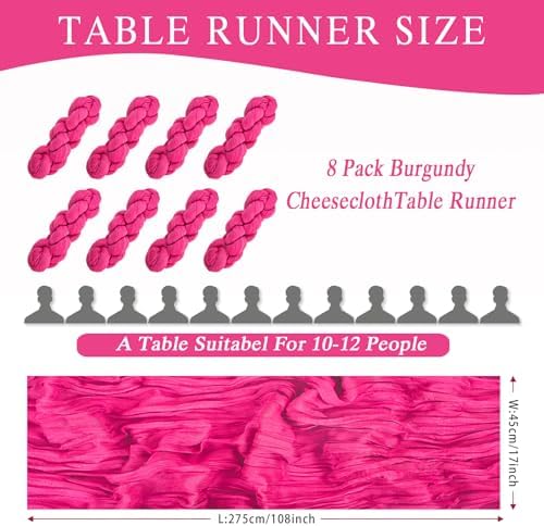 8 Pack Hot Pink Cheesecloth Table Runner 17x108 inch Rustic Gauze Table Runner Sheer Boho Fabric Cheese Cloth Table Runner for Wedding Party Baby Bridal Shower - Image 2