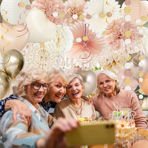 Champagne-Gold Beige Fall Boho Birthday Party Decorations 62pcs Happy Birthday Banner, Peach White Paper Lanterns, Streamers, Tissue Pom Poms, Blush Beige Boho Party Balloons, Rustic Backdrop Decor - Image 7