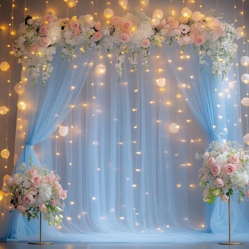 Tulle Backdrop Curtain with Lights Baby Blue 10x8ft Sheer Curtain Backdrop - Image 5