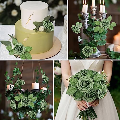 AmyHomie Green Rose 25pcs Real Looking Artificial Flowers w/Stem - Image 5