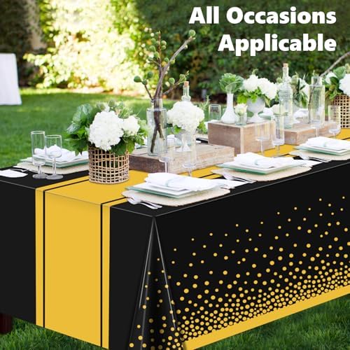 LANLISA Black and Gold Tablecloth Party Decorations 12 Pack, Disposable Table Cloths for Graduation Birthday Retirement Anniversary Party Decor - Image 2