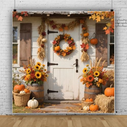 Fall Photo Backdrop 10x10ft Floral Rustic White Wood Door Thanksgiving Fall Backdrops for Photography Autumn Haystack Flowers Friendsgiving Background Party Decorations Photo Booth Props by Lexfvpoo