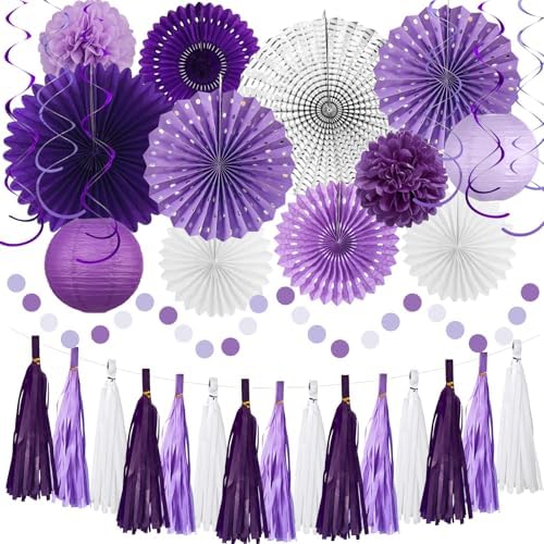 Meiduo 34 Pcs Purple Party Decorations, Paper Fans, Lanterns, Pom Poms Set by MEIDUO