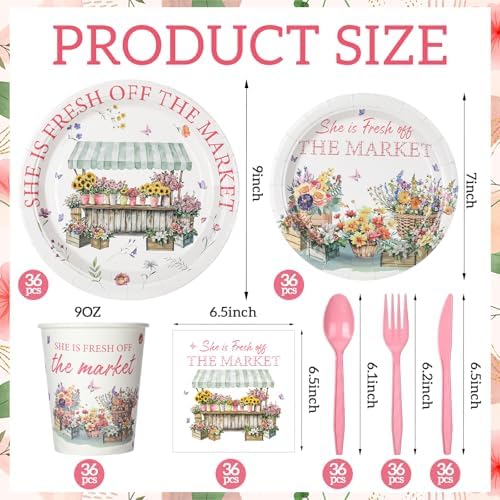 Yungyan 252 Pcs She Is Fresh off the Market Bridal Shower Party Tableware Set Included Plates Napkins Cups Forks Knives Cutlery for Party Decorations Supplies 36 guests - Image 2
