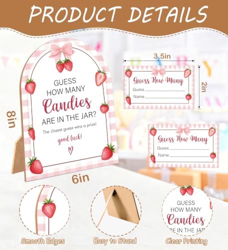 Sweet Berry Baby Shower Game, Strawberry Guess How Many Candies Are In The Jar, 6x8 Inch Arch Wooden Sign With Stand And 50 Guessing Cards, Gender Reveal Party Supplies & Decorations - JC11 - Image 2