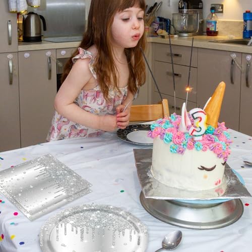 40PCS Silver Birthday Decorations Silver Glitter Happy Birthday Decoration Diamond Plates and Napkins Tablecloth for Men Women Birthday Party Supplies - Image 6