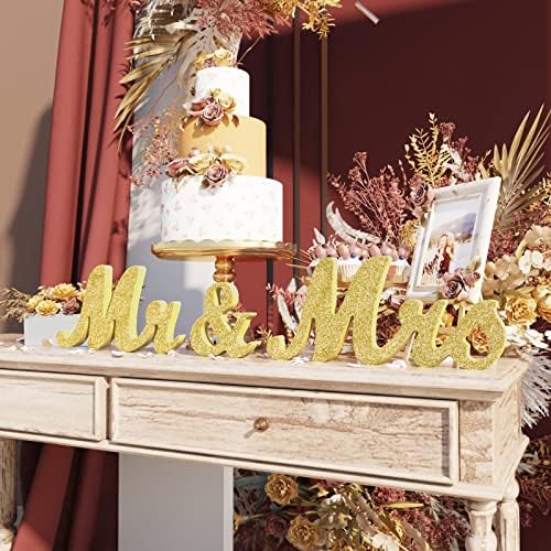 VIOPVERY Wooden Mr & Mrs Wedding Sign with Just Married Banner,Gold - Image 6
