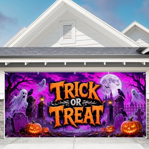 7 x 16 ft Trick Treat Halloween Garage Door Decorations Halloween decorations Door Cover, Blacklight UV Reactive Hanging Banner for Home, Outdoor, Indoor, Spooky Party, Wall, Window - Image 2