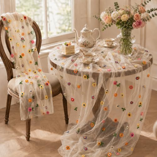 4 Pcs Flower Table Runner 29x72 Inch Champagne Daisy Tulle Decor - Image 4