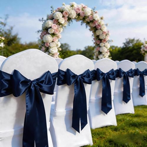 Navy Blue Chair Sashes 50 Pack Universal Satin Ribbon Knots Navy Blue Chair Bows for Party Wedding Reception Ceremony Baby Shower Banquet Decor - Image 2