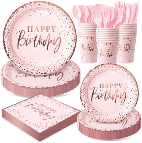 Pink Rose Gold Happy Birthday Party Plates, 168PCS Birthday Party Supplies by FightingtoAchieve