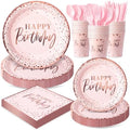 Pink Rose Gold Happy Birthday Party Plates, 168PCS Birthday Party Supplies by FightingtoAchieve