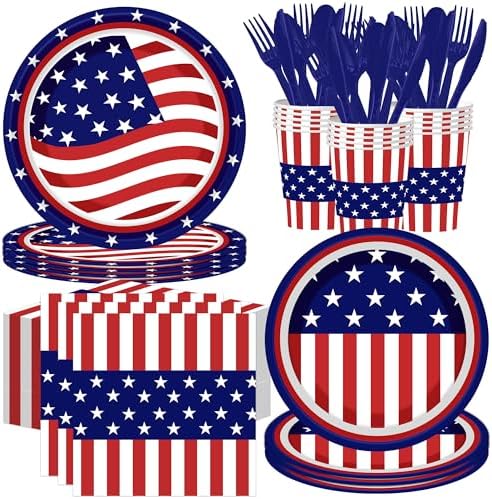 194 Pcs 4th of July Paper Plates and Napkins Party Supplies by EUVBOKW