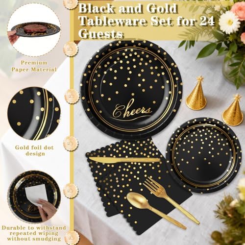 168Pcs Black and Gold Paper Plates and Napkins Party Supplies for 24 Guest - Image 4