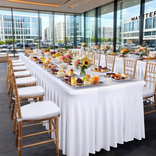 Wish Care 8 Pack White Spandex Table Clothes for 8 Foot Rectangle Tables, 8FT Wrinkle Free Fitted Tablecloths Ruffles Design Table Cloth for Party, Banquet, Wedding and Events - Image 2