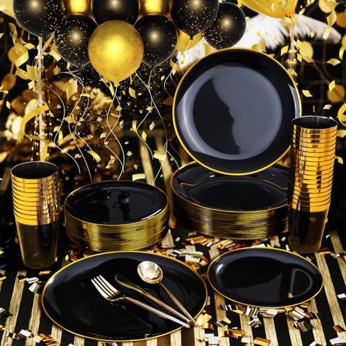 ejonirinjonir 180pcs Elegant Black Plastic Plates for Wedding, Gold Trim - Image 6