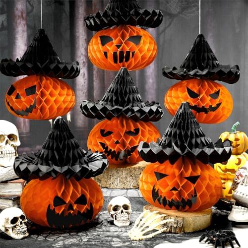 Fourluoo 6 Pcs Halloween Pumpkin Witch Hat Paper Honeycomb Centerpieces - Image 4