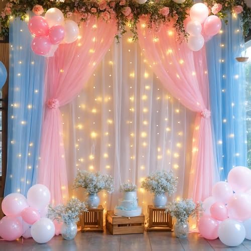 Pink Blue Sheer Tulle Backdrop Curtains with Lights String for Gender Reveal Baby Shower Decorations for Boy or Girl Birthday Party Photo Shoot Backdrop Background Decorations 2 Panels 5×8ft - Image 4