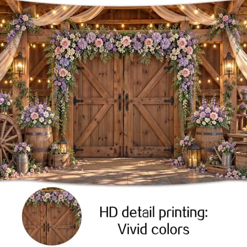5x4ft Country Wedding Backdrop Purple Lavender Wisteria Flower Wooden Barn Door Western Photography Farmhouse Birthday Baby Shower Anniversary Bridal Party Banner Photo Booth Props Background - Image 7