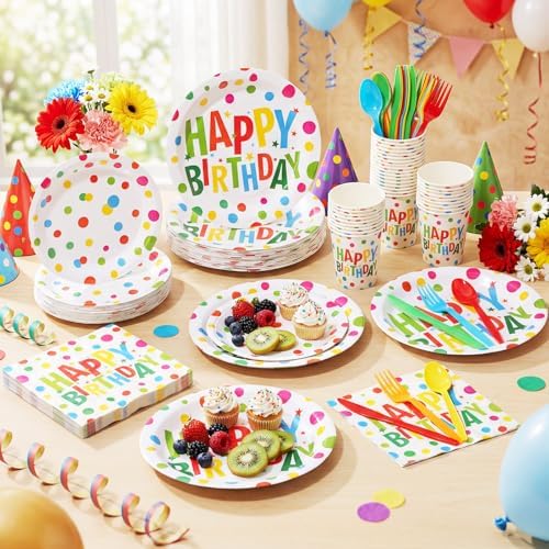 Pickmesh 400 Pcs Polka Dots Happy Birthday Plates and Napkins Set - Image 5