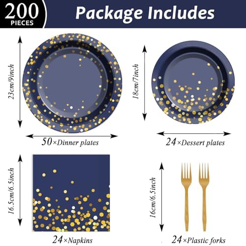 gisgfim 50 Guests Blue and Gold Party Supplies Decorations Tableware Set Blue and Gold Paper Plates Napkins Disposable Plates Graduation Tableware for Men Women Happy Birthday Party Decorations 200PCS - Image 2