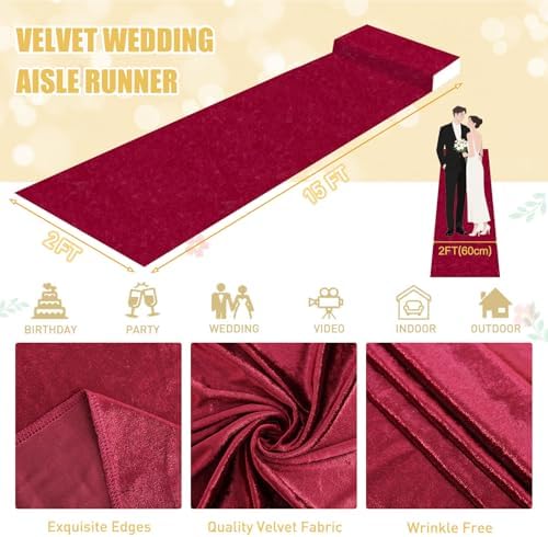 FUHSY Wedding Aisle Runner Burgundy Velvet Aisle Carpet Runner 15FTx2FT Maroon Aisle Runner for Ceremony Wedding Runners Outdoor for Party Runners Rug Aisle Decorations - Image 2