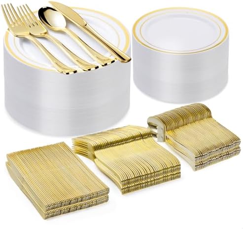 BESTVIP 300 Pcs Gold Plastic Dinnerware Set for 50 Guests by Bestvip