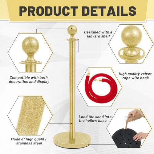 Ferraycle 4 Pcs Stainless Steel Stanchion 38 Inch,Velvet Rope, Glitter Gold - Image 4