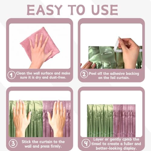 Dusty Pink Sage Green Tinsel Backdrop 2 Pack Foil Fringe Curtains - Image 5