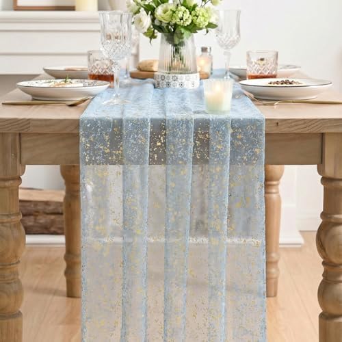 Artoid Mode 6PC Gold Gauze Light Blue Table Runner 120 Inch 10FT, Glitter Metallic Foil Sheer Dining Wedding Anniversary Holiday Birthday Table Decor for Home Party - Image 2