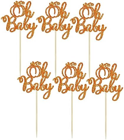 Ephlyn 24Pcs Pumpkin Oh Baby Cupcake Toppers Glitter Fall Theme Pumpkin Cupcake Picks Baby Shower Cake Decorations for Pumpkin Theme Gender Reveal Kids Birthday Party Supplies Orange - Image 3