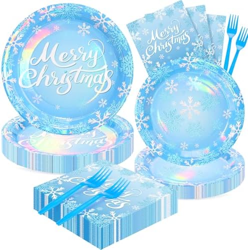 96PCS Blue Christmas Plates Napkins Forks for Party Decorations, Set of 24 Snowflakes Merry Christmas Disposable Tableware Supplies, Blue White Paper Plates for Christmas Party by FightingtoAchieve