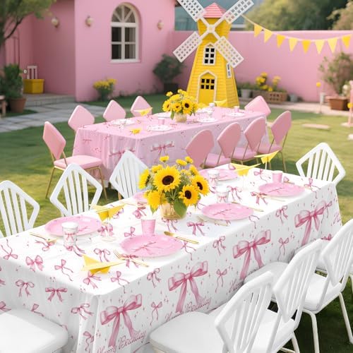 Pink Bow Happy Birthday Decorations Set for 24: Bachelorette Party Supplies Kit with Dinner & Dessert Plates, Napkins, Cups, Banner, Tablecloth - for Women's Tea Birthday Party Decorations - Image 5