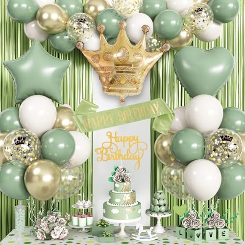 Sage Green Birthday Decorations with Olive Green Fringe Curtain Sash Foil Balloon Eucalyptus White Gold Latex Balloons Happy Birthday Banner for Girls Women Party Decoration by Jobkoo