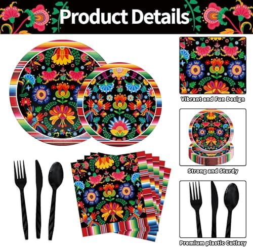175 Pcs Fiesta Tableware Set – Serves 25, Mexican Party Supplies Disposable Plates, Cups, Napkins, Forks, Spoons, Knives with Floral and Serape Stripe Design for Cinco de Mayo, Birthday Celebrations - Image 3