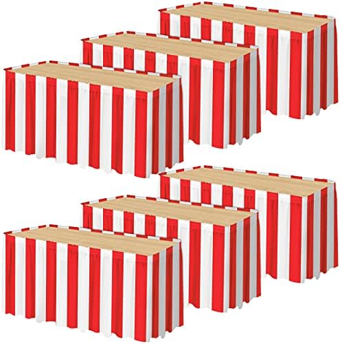durony 6 Packs Red and White Striped Table Skirt Circus Theme Party Supplies Carnival Table Skirt for Carnival Home Party Decoration, 165 x 30 Inches by durony