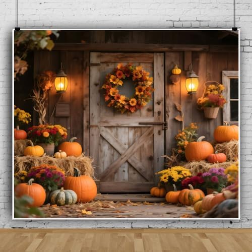 15x10ft Fall Backdrops for Photography Glitter Rustic Wooden Barn Door Fall Photo Backdrop Hay Bales Flowers Pumpkins Autumn Harvest Background Warm Thanksgiving Decorations by Lexfvpoo