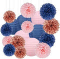 Rose-Gold Navy-Blue Pink Party Decorations - 18pcs Gender Reveal Decor,Tissue Pom Poms Event Supplies,Paper Flowers,Paper Lanterns,Baby Shower decoration,Birthday,Engagement,Bachelorette,Wedding by HongTongTong