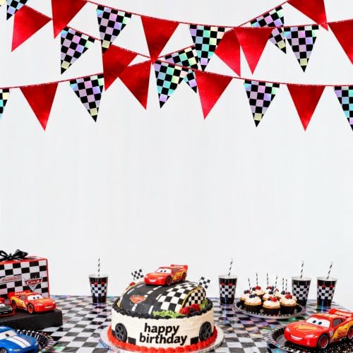 Racing Party Decorations Iridescent Checkered Red Pennant Banner Flag Hanging Paper Triangle Bunting for Race Fans Birthday Monster Truck Race Car Party Decorations Supplies - Image 6