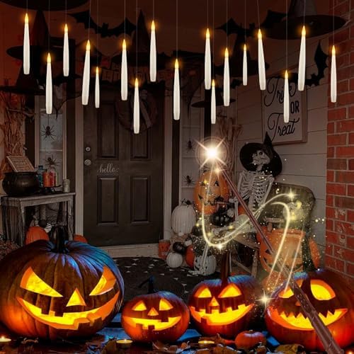 12White Flameless Floating Candles with Wand Remote, Magic Hanging Candles with String, Taper Candle Flickering Flameless Light Halloween Candles for Halloween Christmas Birthday Party Decor. by CAKETYCG