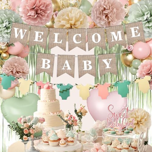 Pink Green Baby Shower Decorations Girls with Welcome Baby Banner, Paper Pom Poms, Sweet-Girl Baby Cake Topper, Retro Olive Pink Metallic Balloon Décor for Easter Jungle Safari Fairy Baby Shower Party - Image 4